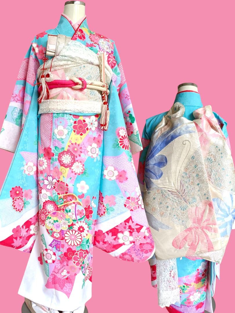 ☆白ブルーピンクに束ね熨斗の着物とキラキラ作り帯☆七五三７歳
