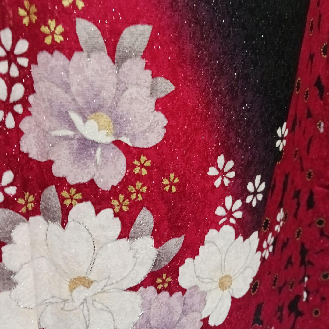 赤黒グラデーション　ラメ振袖フルセット