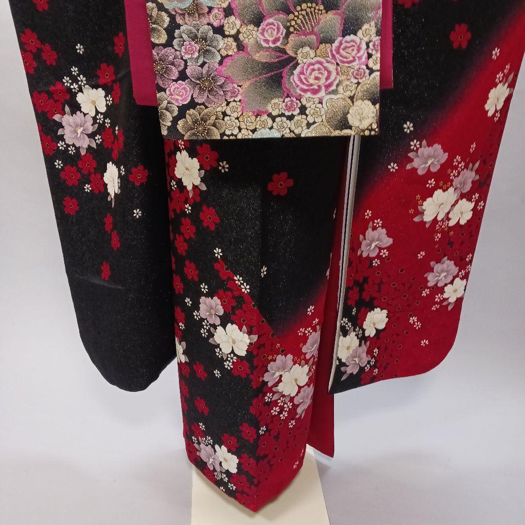 赤黒グラデーション　ラメ振袖フルセット