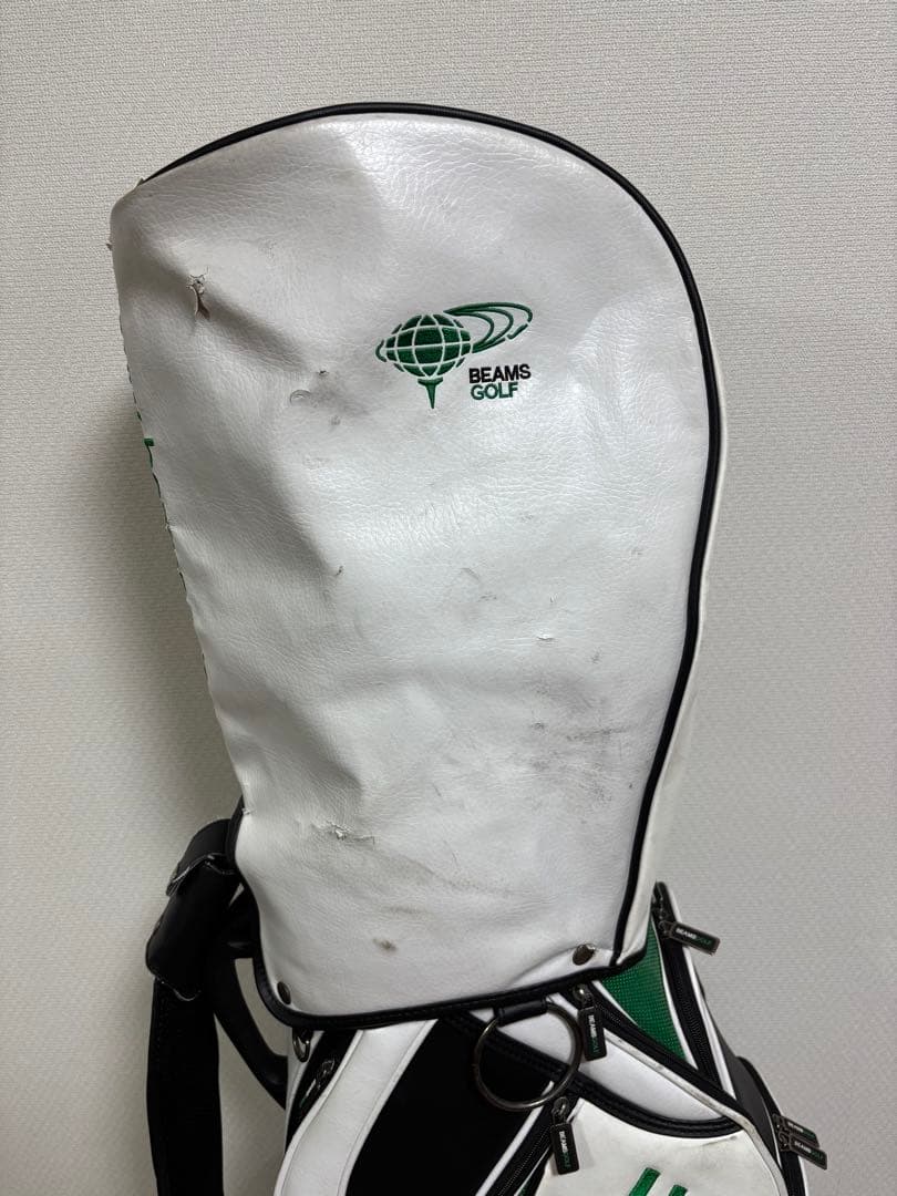 BEAMS GOLF キャディバッグ 白×緑 フード付 使用感あり