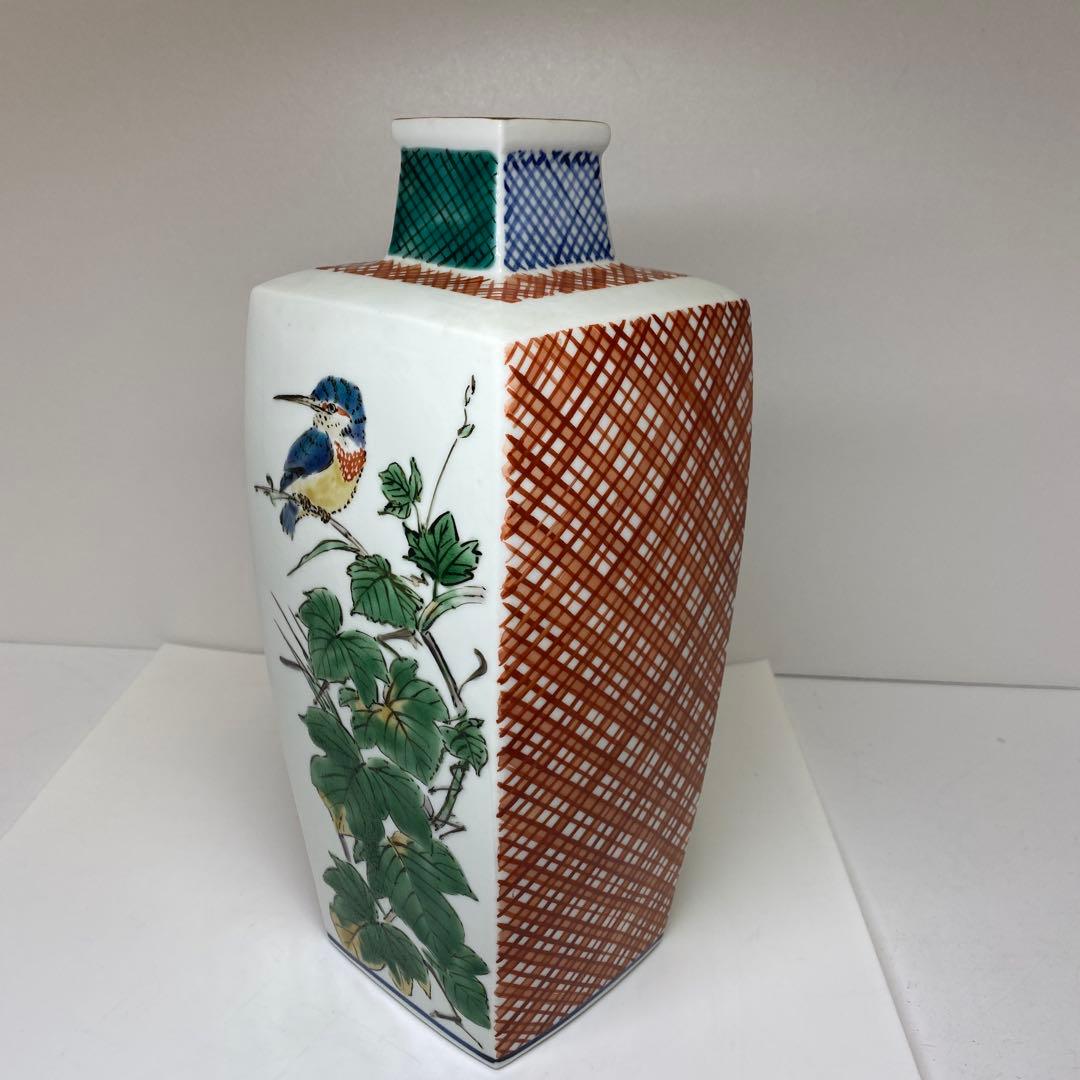 鈴木爽司　色絵花鳥図　角瓶　高さ約29.5㎝　東さ8-0107①