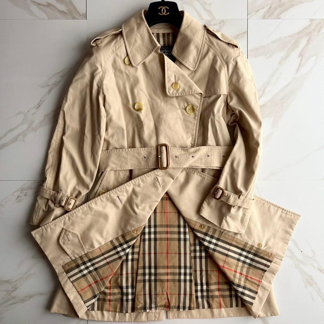 人気◆バーバリー ベルト付き トレンチ コート ベージュ チェック M