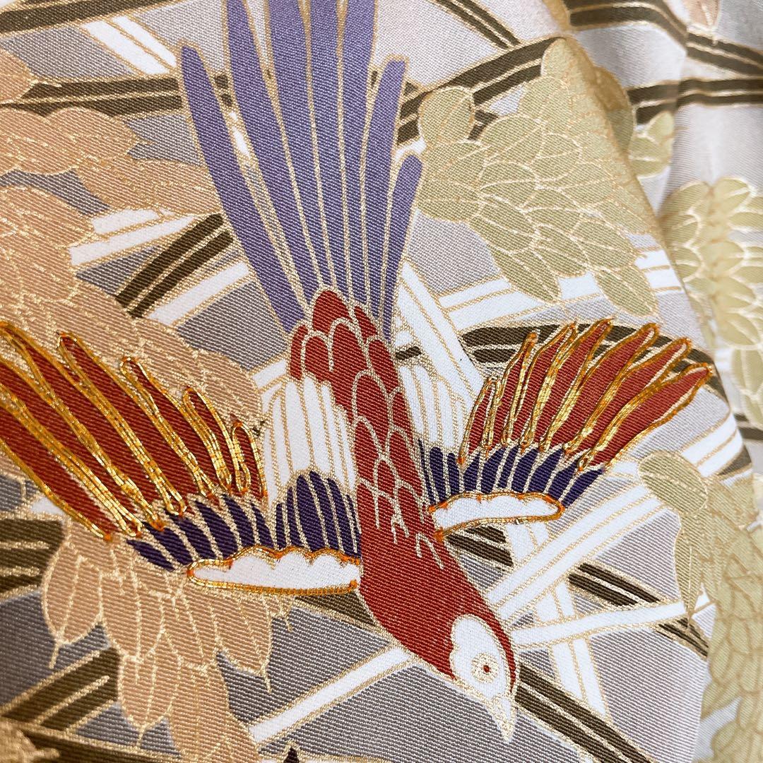色留袖　フルセット　稲穂　鳥　丸に三つ柏　金駒　金彩　五つ紋　比翼仕立て　L3