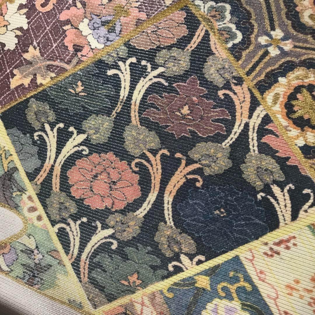 FF-192 袋帯 銀通し 正絹 太鼓柄 オリエンタル ボタニカル 美品