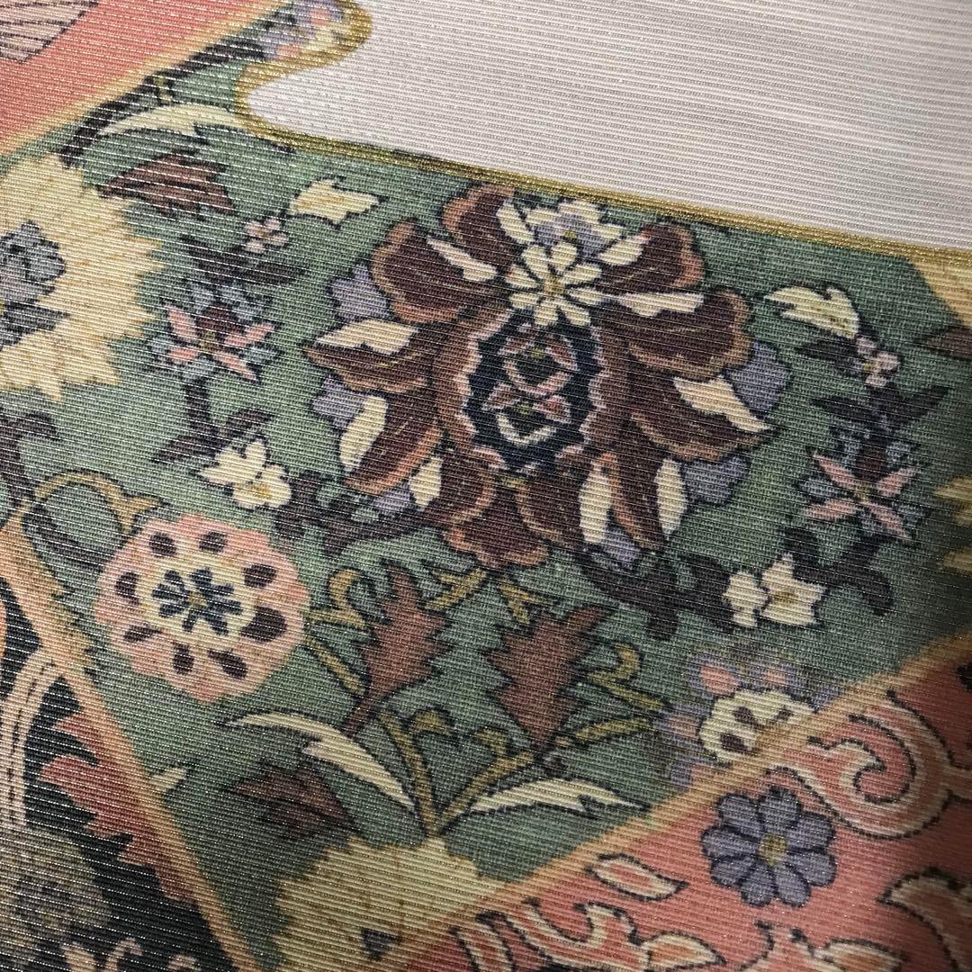 FF-192 袋帯 銀通し 正絹 太鼓柄 オリエンタル ボタニカル 美品