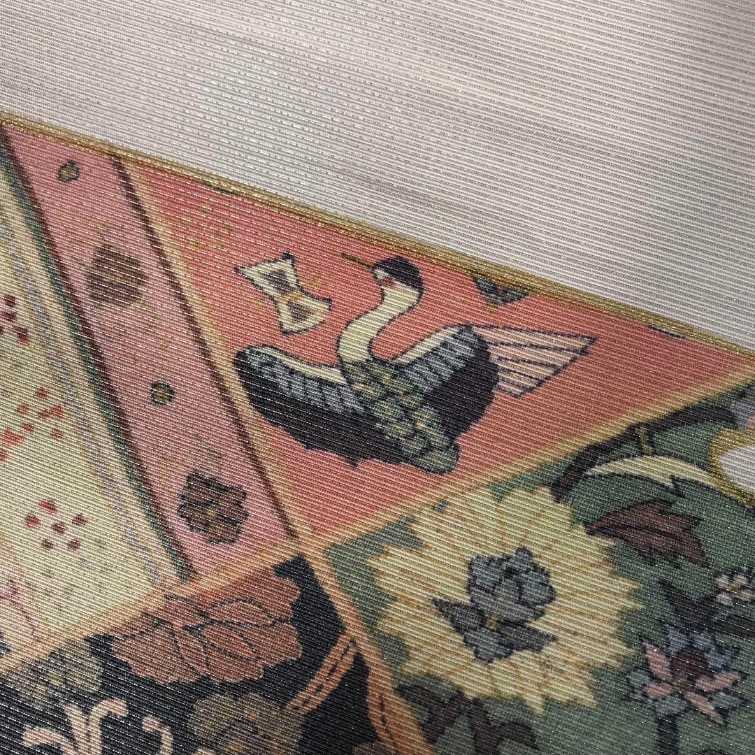 FF-192 袋帯 銀通し 正絹 太鼓柄 オリエンタル ボタニカル 美品