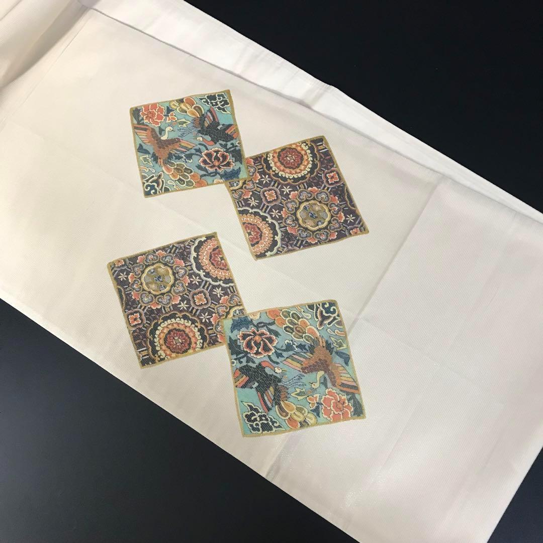 FF-192 袋帯 銀通し 正絹 太鼓柄 オリエンタル ボタニカル 美品