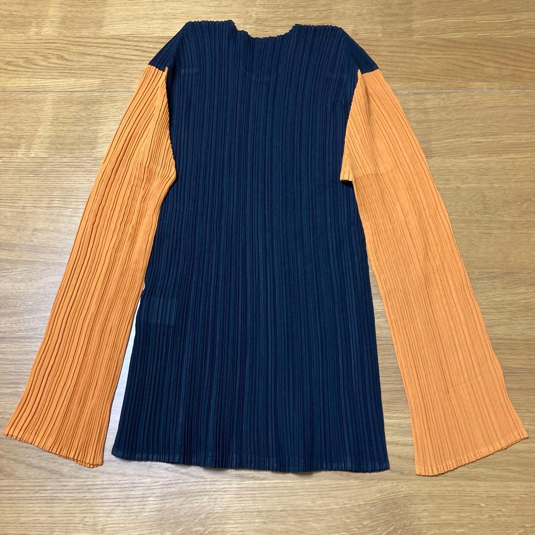 ISSEY MIYAKE プリーツ長袖トップス　ブラック&オレンジ サイズL