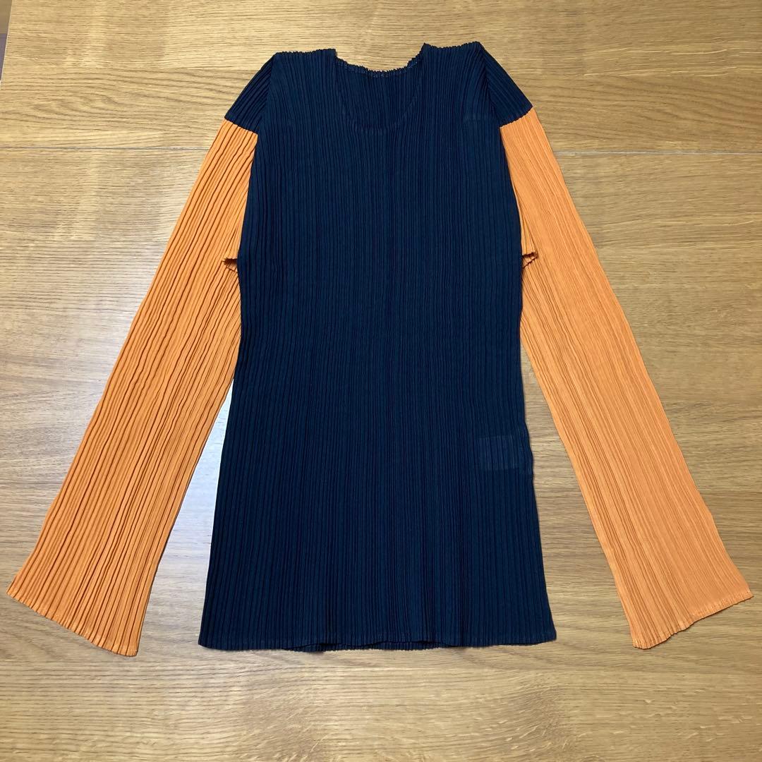 ISSEY MIYAKE プリーツ長袖トップス　ブラック&オレンジ サイズL