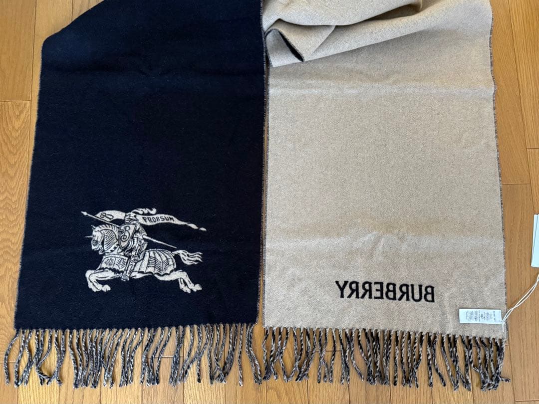 未使用品　BURBERRY リバーシブル　ストール　ブラック/ベージュ　カシミヤ