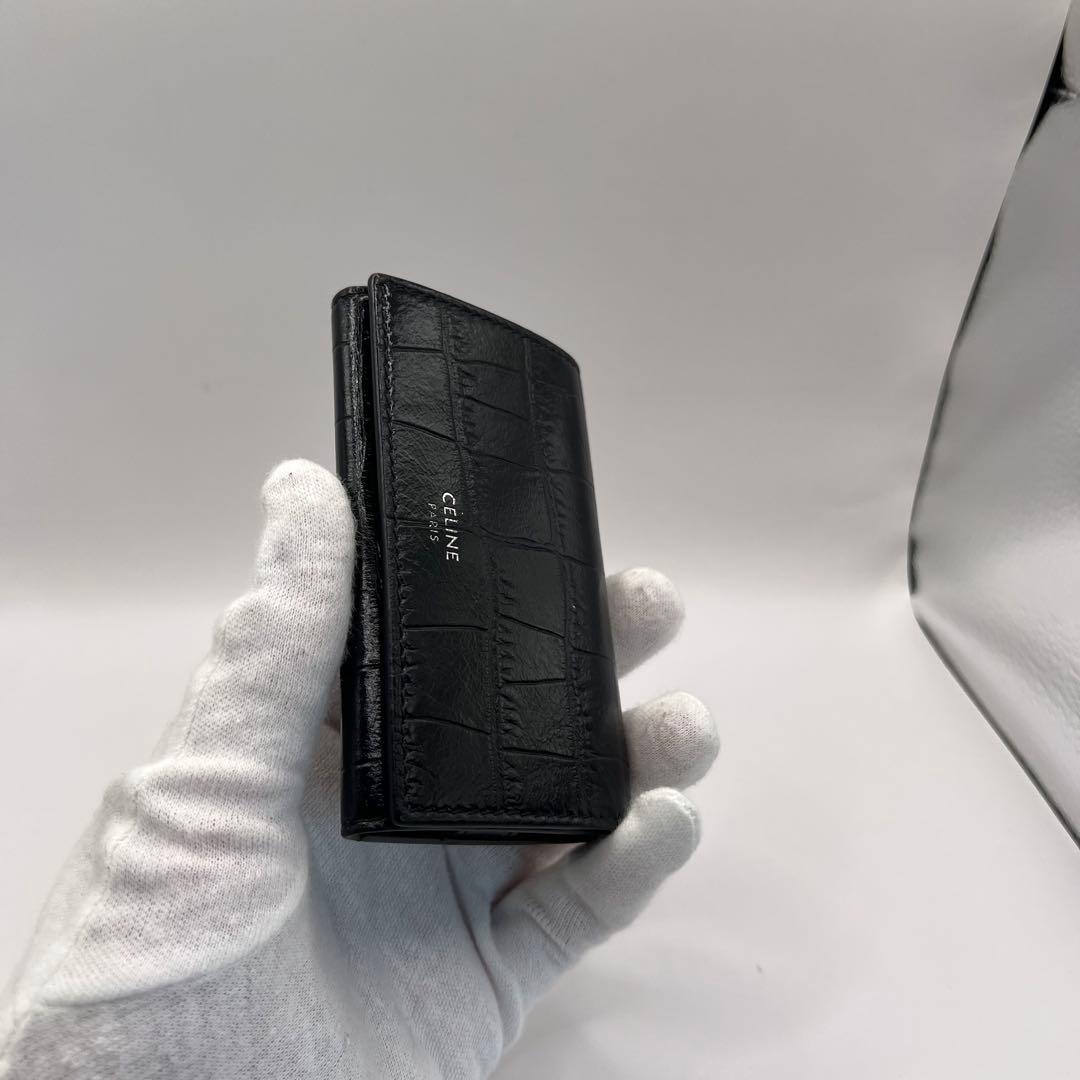 CELINE キーケース　クロコ　6連　ブラック　型押し　カーフスキン　黒色