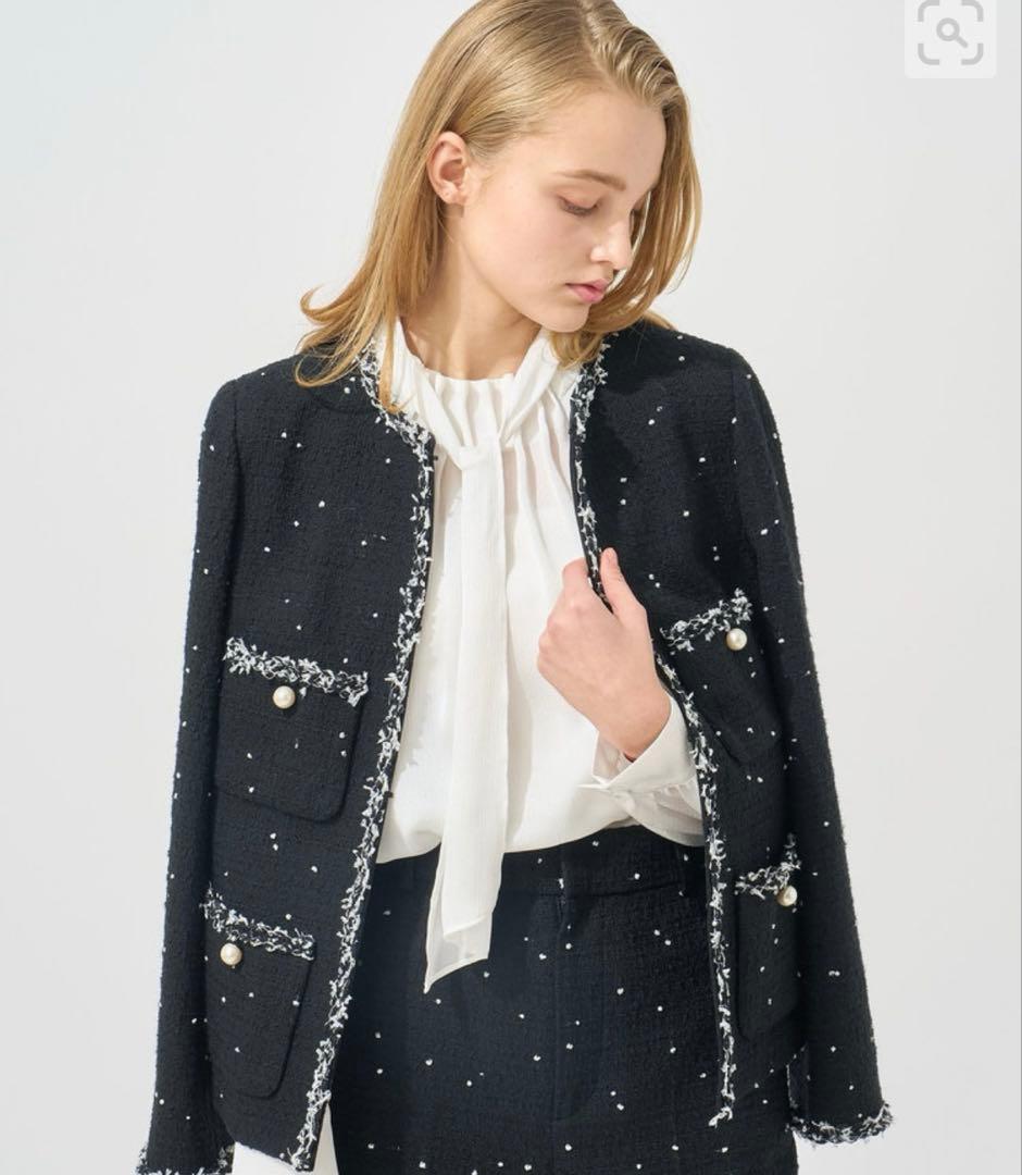 2025年新作ミニドットツイードノーカラー ジャケット　アナイ