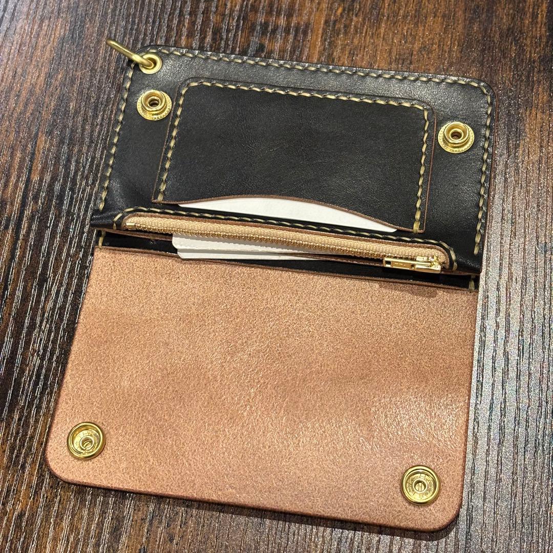 栃木レザー　ミドル　トラッカーウォレット　茶芯ブラック 3層