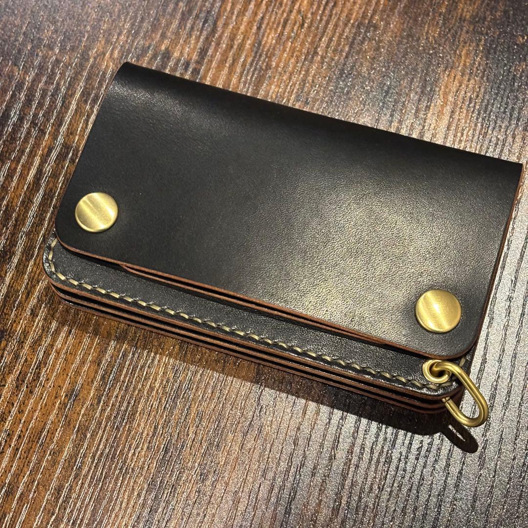 栃木レザー　ミドル　トラッカーウォレット　茶芯ブラック 3層