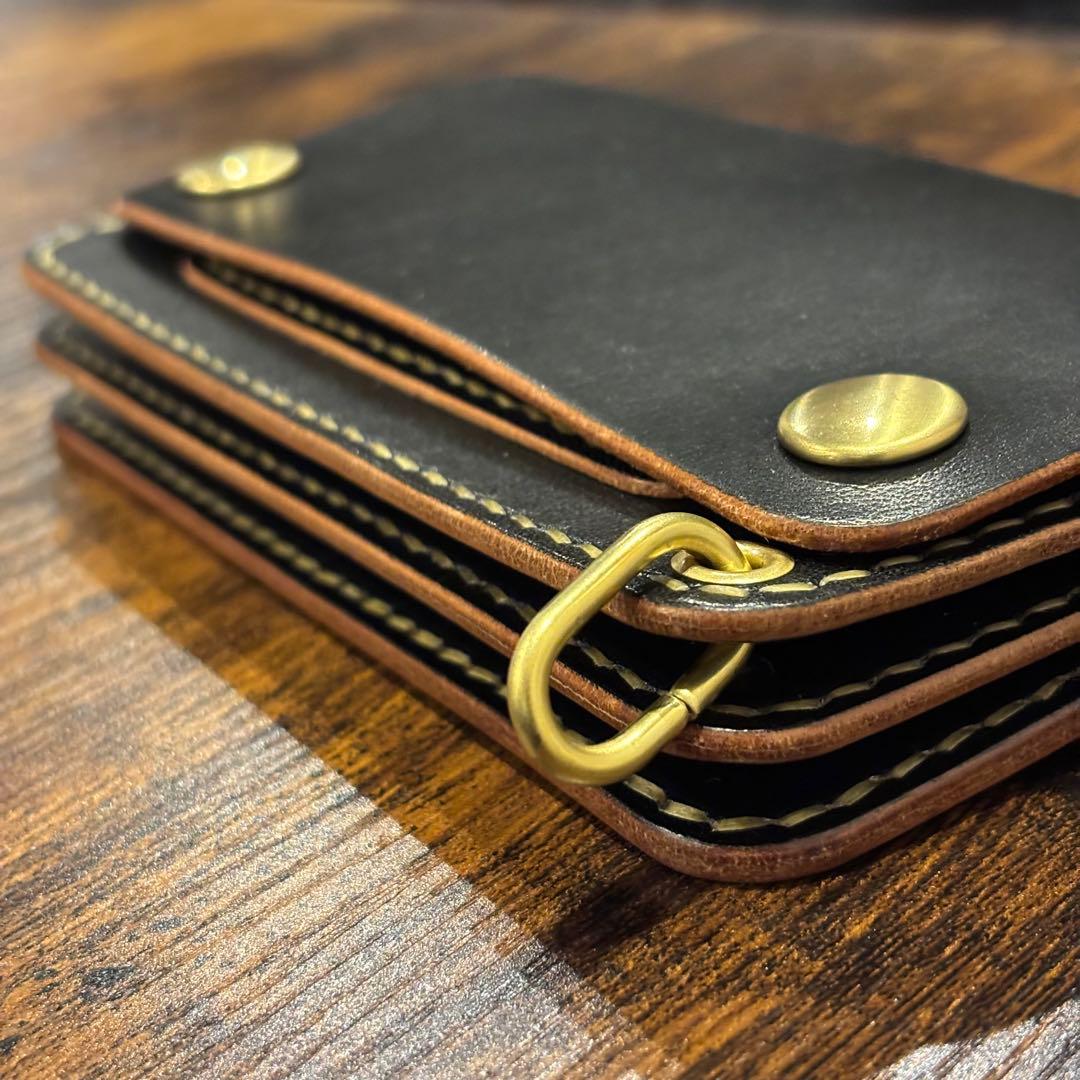 栃木レザー　ミドル　トラッカーウォレット　茶芯ブラック 3層