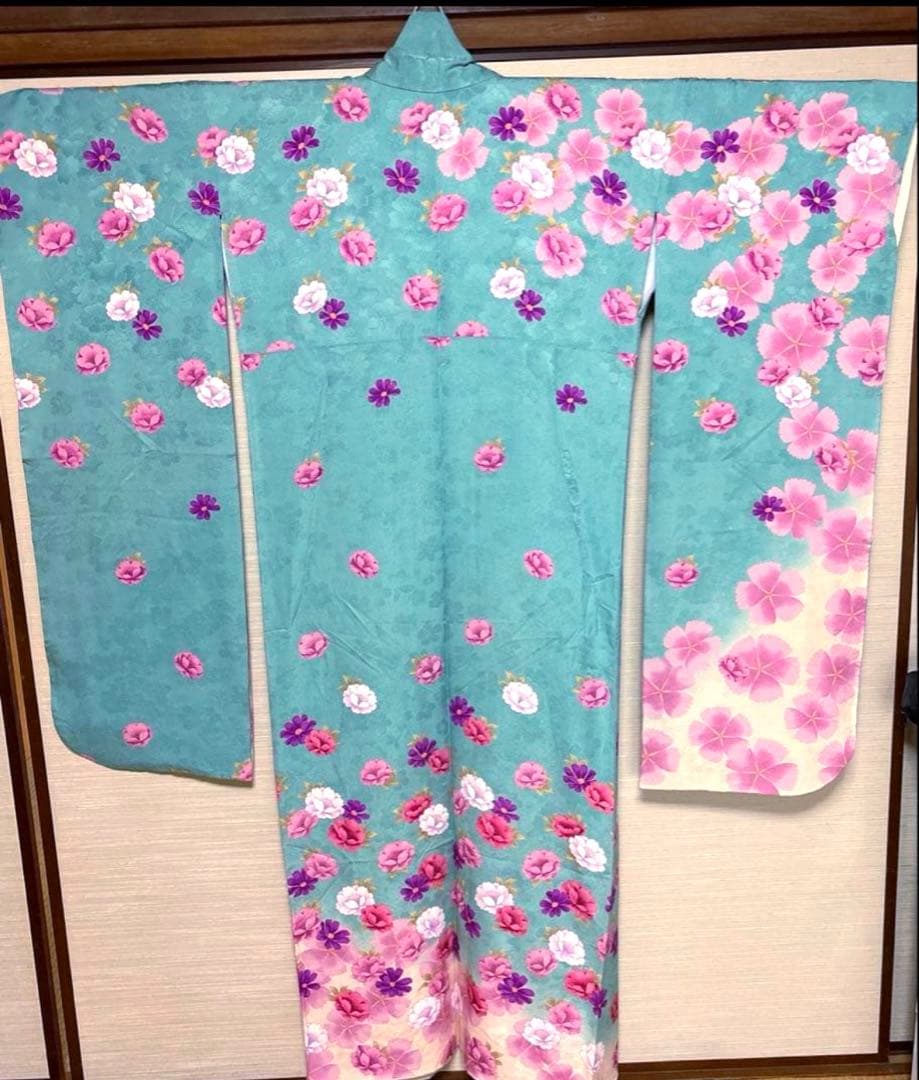 まな 新橋色 菊 牡丹 振袖 身丈157