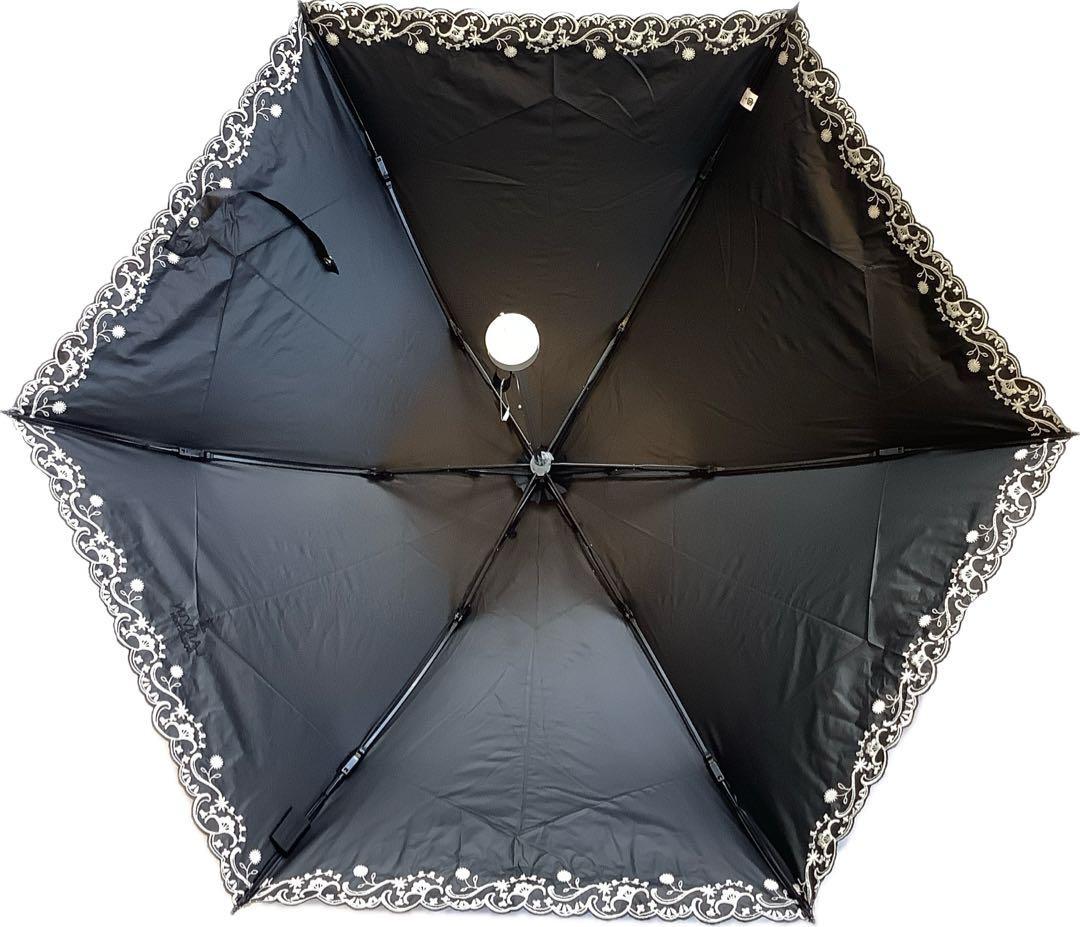 新品★ランバンコレクション★スカラップ刺繍晴雨兼用折りたたみ日傘 雨傘★ブラック