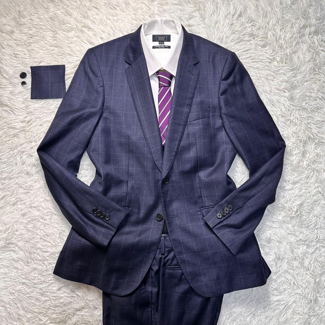 現行 極美品 ポールスミス ロロピ生地 光沢 セットアップ ネイビー 総裏 L