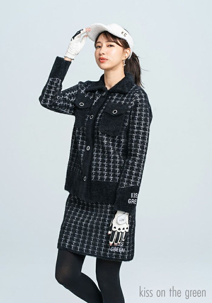 新品暖かく伸びるツイード風ニットセットアップkiss on the green黒