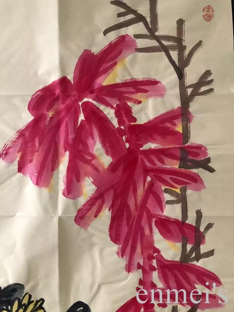 中国古美術・純手描き花卉図三尺画芯・水墨彩色画・呉昌碩印款・書道品・宣紙・带水印