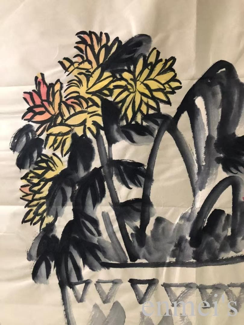 中国古美術・純手描き花卉図三尺画芯・水墨彩色画・呉昌碩印款・書道品・宣紙・带水印