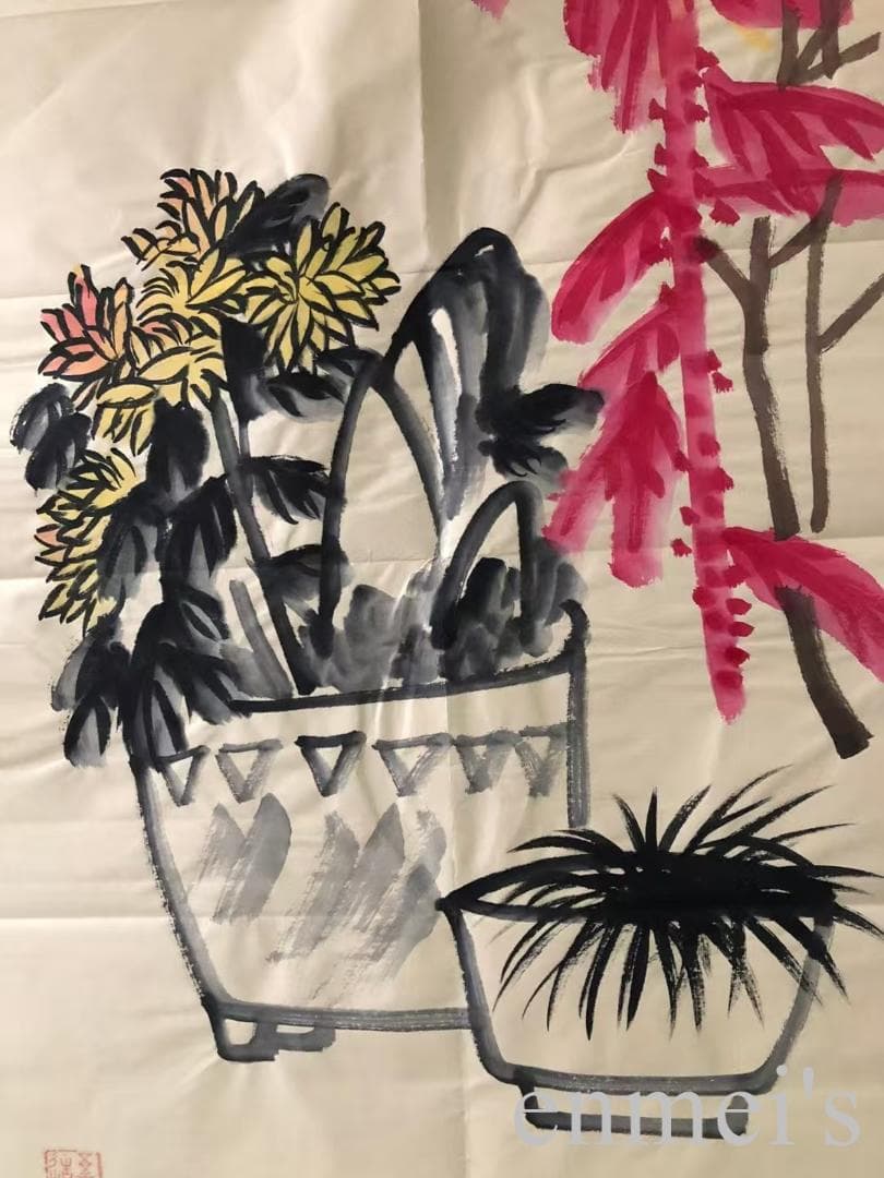 中国古美術・純手描き花卉図三尺画芯・水墨彩色画・呉昌碩印款・書道品・宣紙・带水印