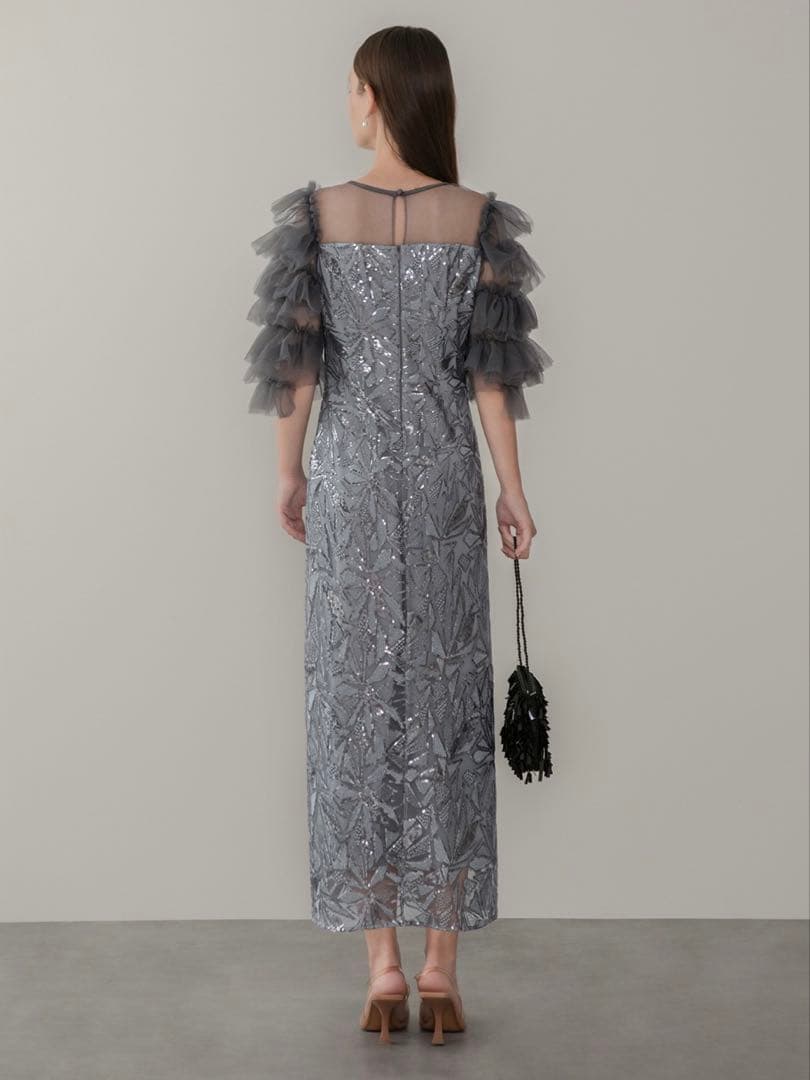 チュールフリルスリーブスパンコールIラインワンピースドレス結婚式パーティー二次会