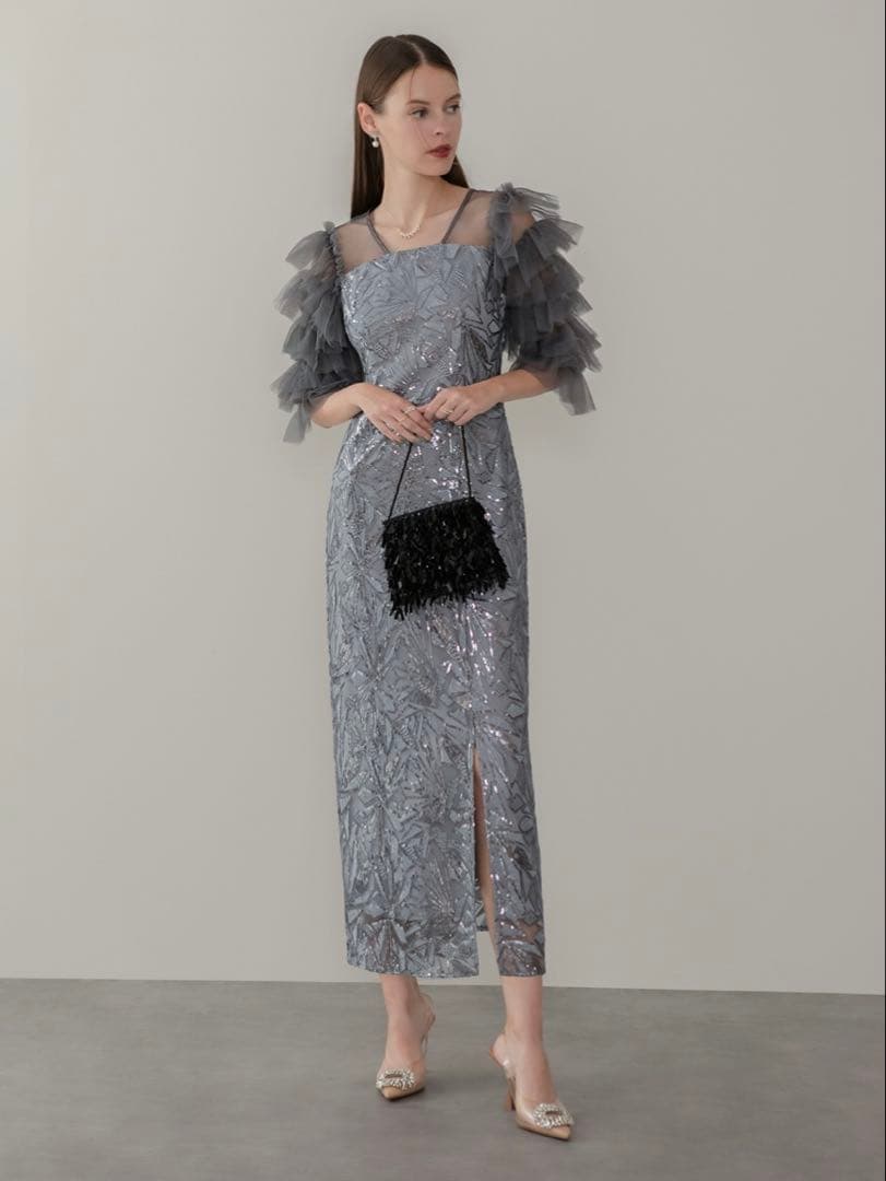 チュールフリルスリーブスパンコールIラインワンピースドレス結婚式パーティー二次会