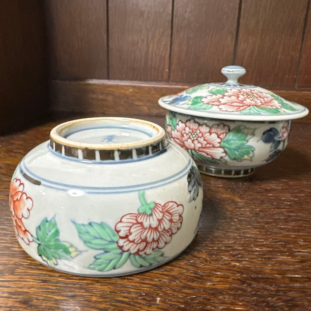 未使用. 佐藤走波. 六代、染錦、芍薬花柄三昧、蓋つき茶碗、小鉢、2客