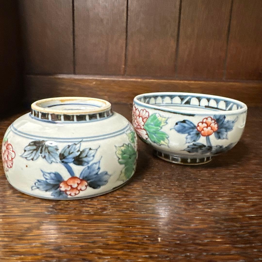 未使用. 佐藤走波. 六代、染錦、芍薬花柄三昧、蓋つき茶碗、小鉢、2客