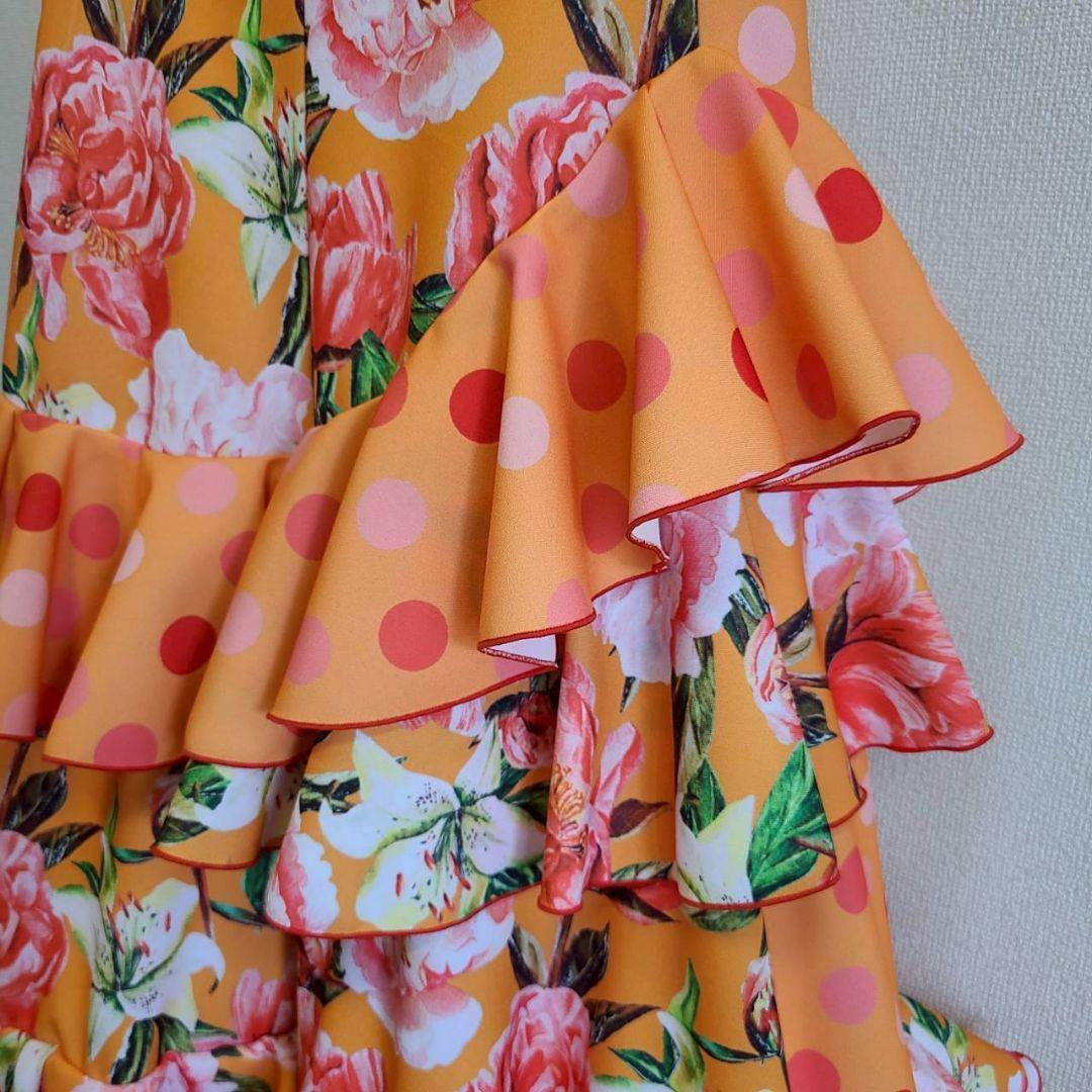 フラメンコスカート オレンジ 花柄 ドット