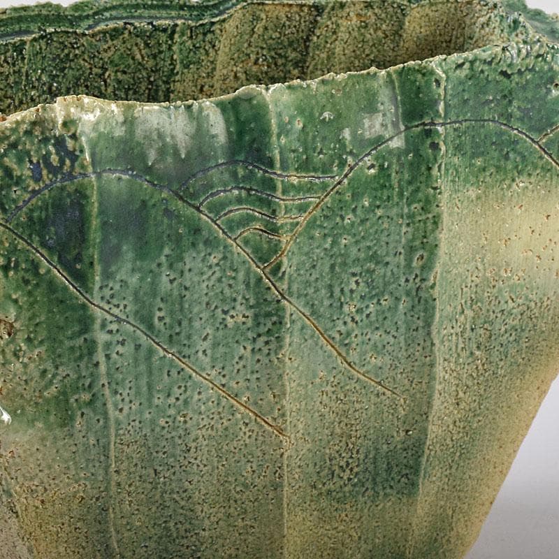 わさび　織部焼　加藤敬也作　花生　扁壷　共箱　V　8184