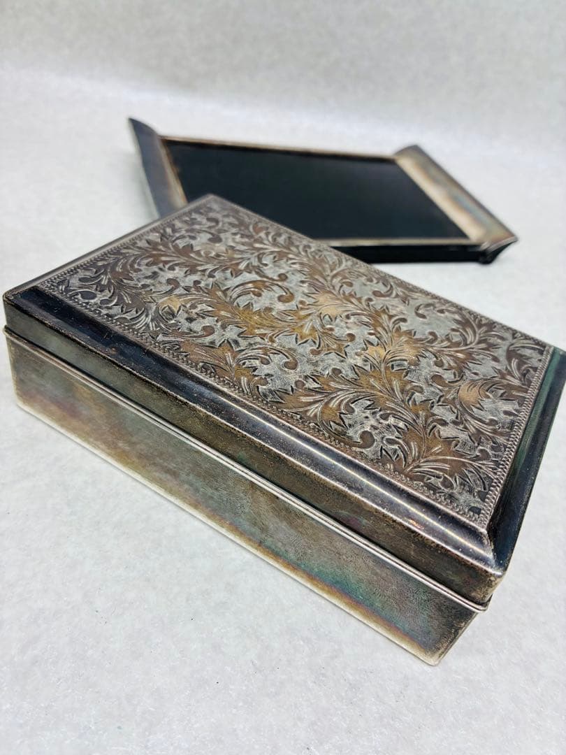 D0104）銀製品 銀縁唐木煙草盆一式 ボンボニエール シガレットケース 煙草盆