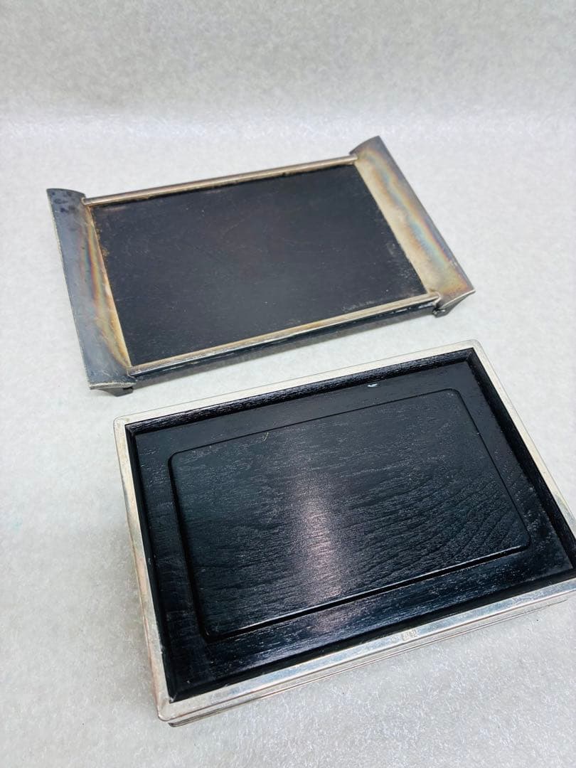 D0104）銀製品 銀縁唐木煙草盆一式 ボンボニエール シガレットケース 煙草盆