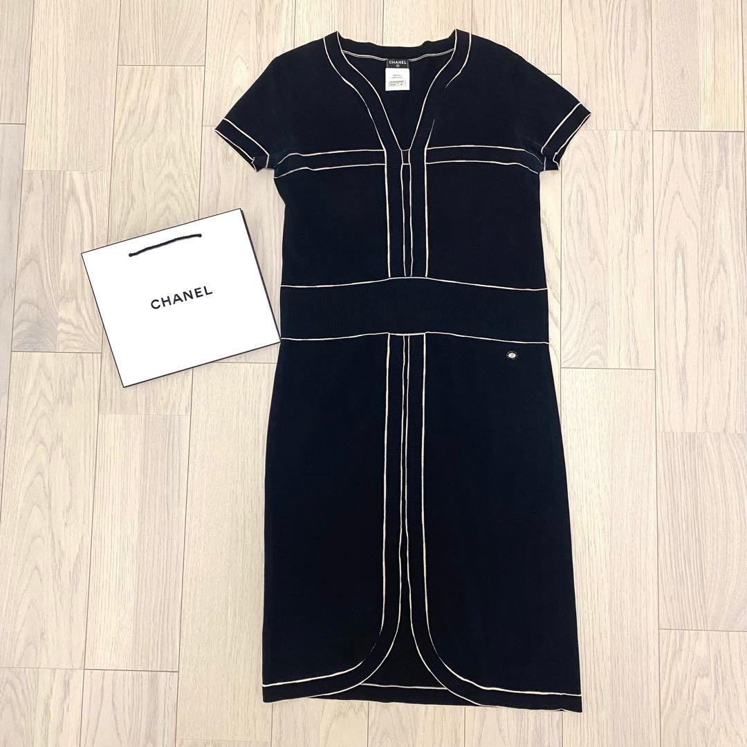 CHANEL シャネル ココマーク ワンピース ドレス 38 黒 半袖 コットン