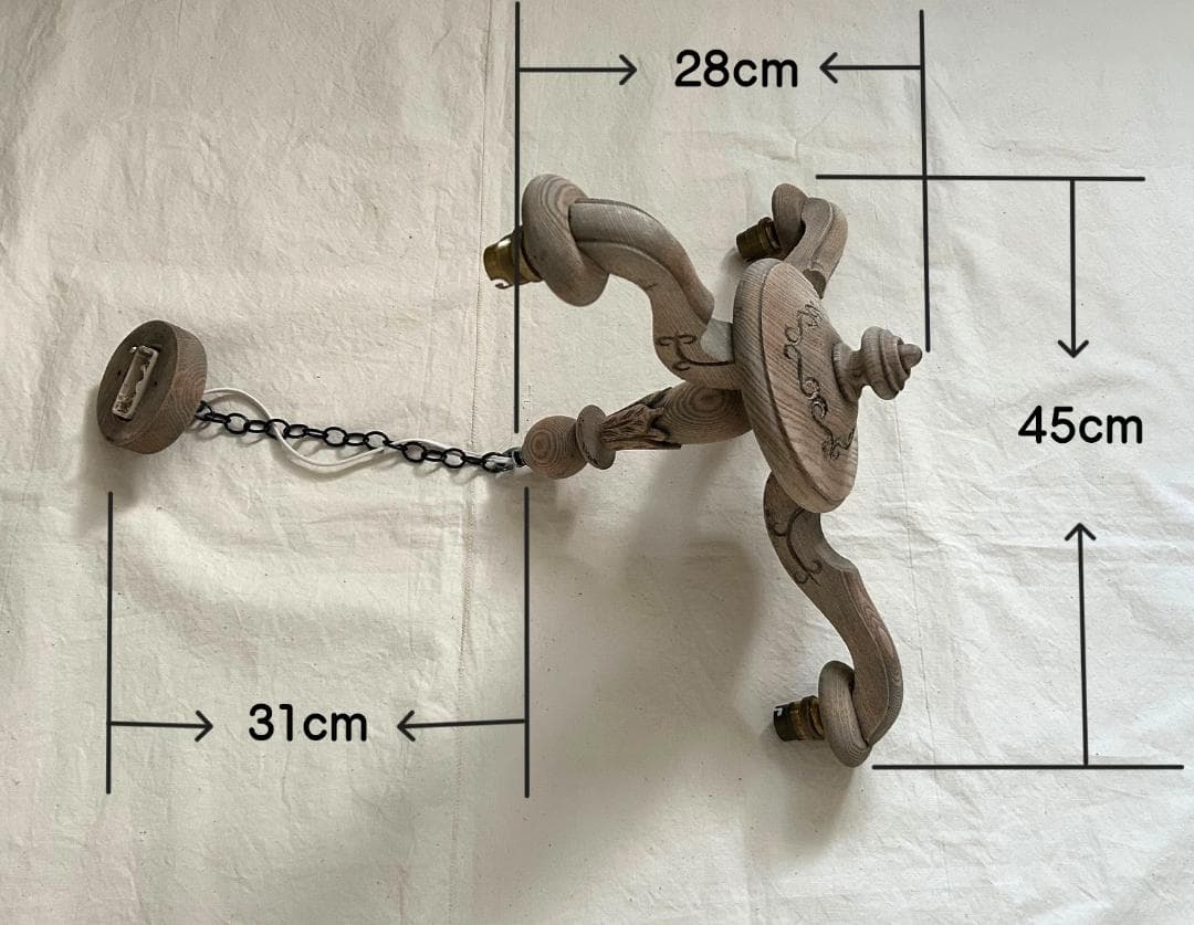 フランスアンティーク　木製シャンデリア　３灯　シャビー　店舗什器