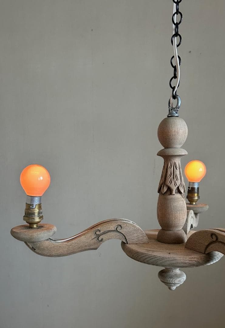 フランスアンティーク　木製シャンデリア　３灯　シャビー　店舗什器