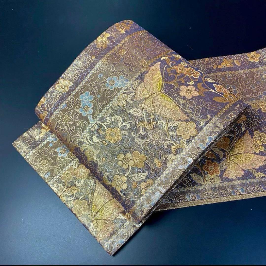 ZY-635 袋帯 蝶 花唐草 六通 縦柄 金糸 正絹 高級 名品