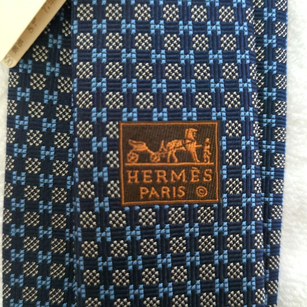 HERMES Hシュバル マリン ネクタイ 箱、カード、リボン、手提げ袋付き