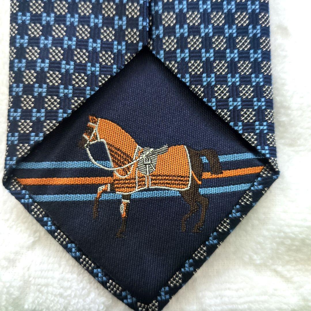 HERMES Hシュバル マリン ネクタイ 箱、カード、リボン、手提げ袋付き