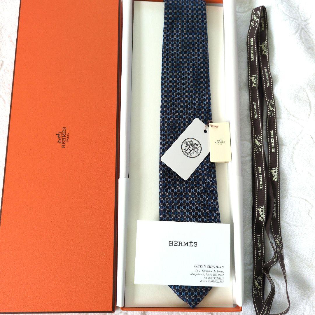 HERMES Hシュバル マリン ネクタイ 箱、カード、リボン、手提げ袋付き