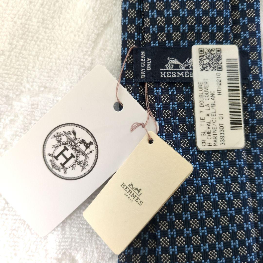 HERMES Hシュバル マリン ネクタイ 箱、カード、リボン、手提げ袋付き
