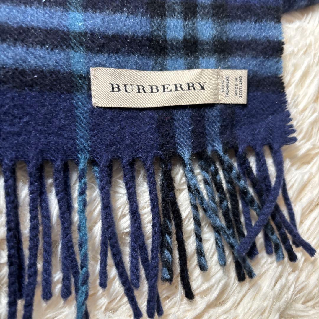 Burberry ブルー　ノバチェックマフラー　カシミヤ100%