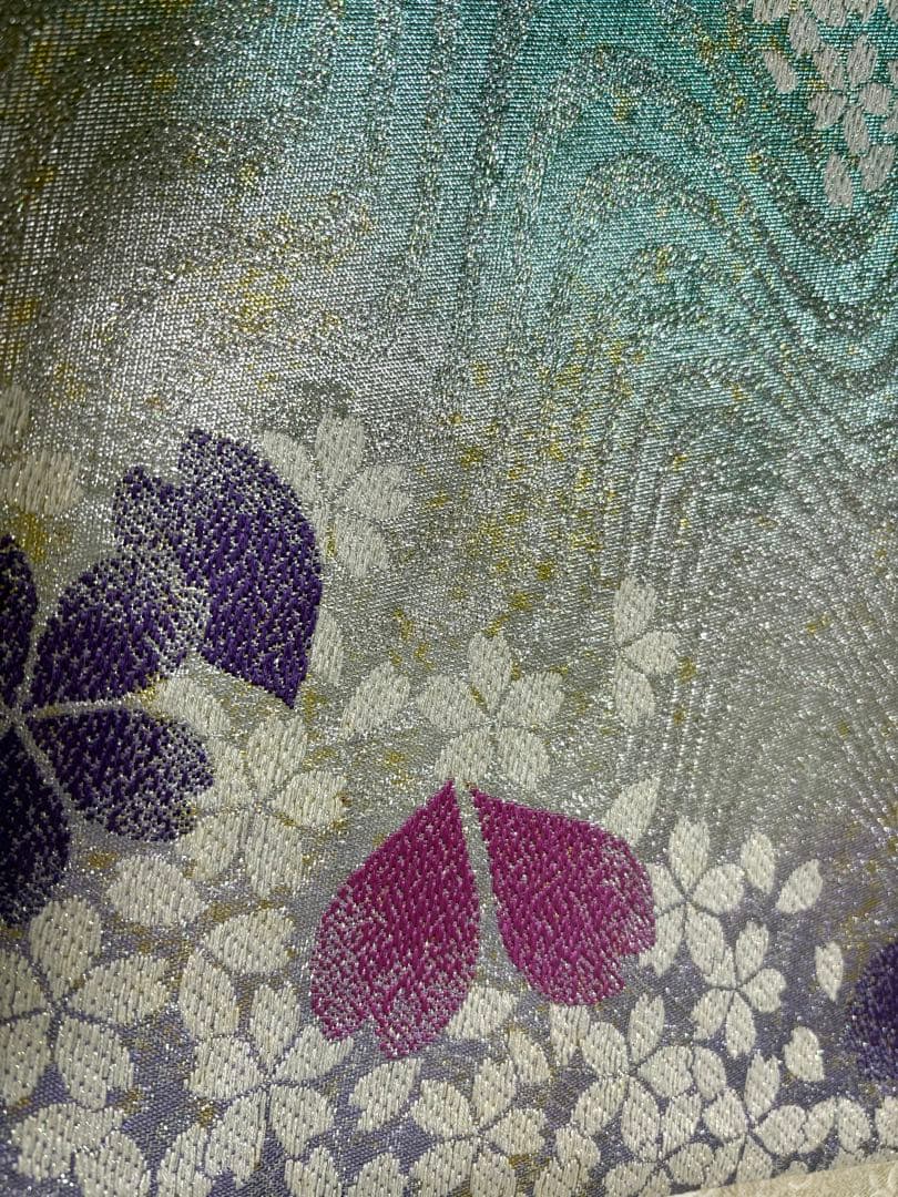 煌めき感　ラメ　華やか　パステルカラー　袋帯　振袖に　441㎝　桜花図　美品