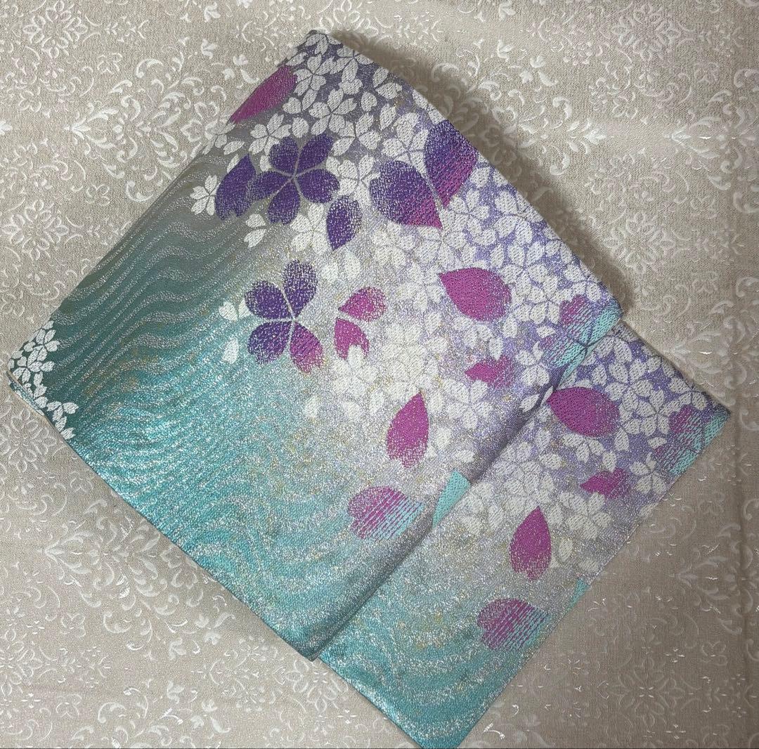 煌めき感　ラメ　華やか　パステルカラー　袋帯　振袖に　441㎝　桜花図　美品