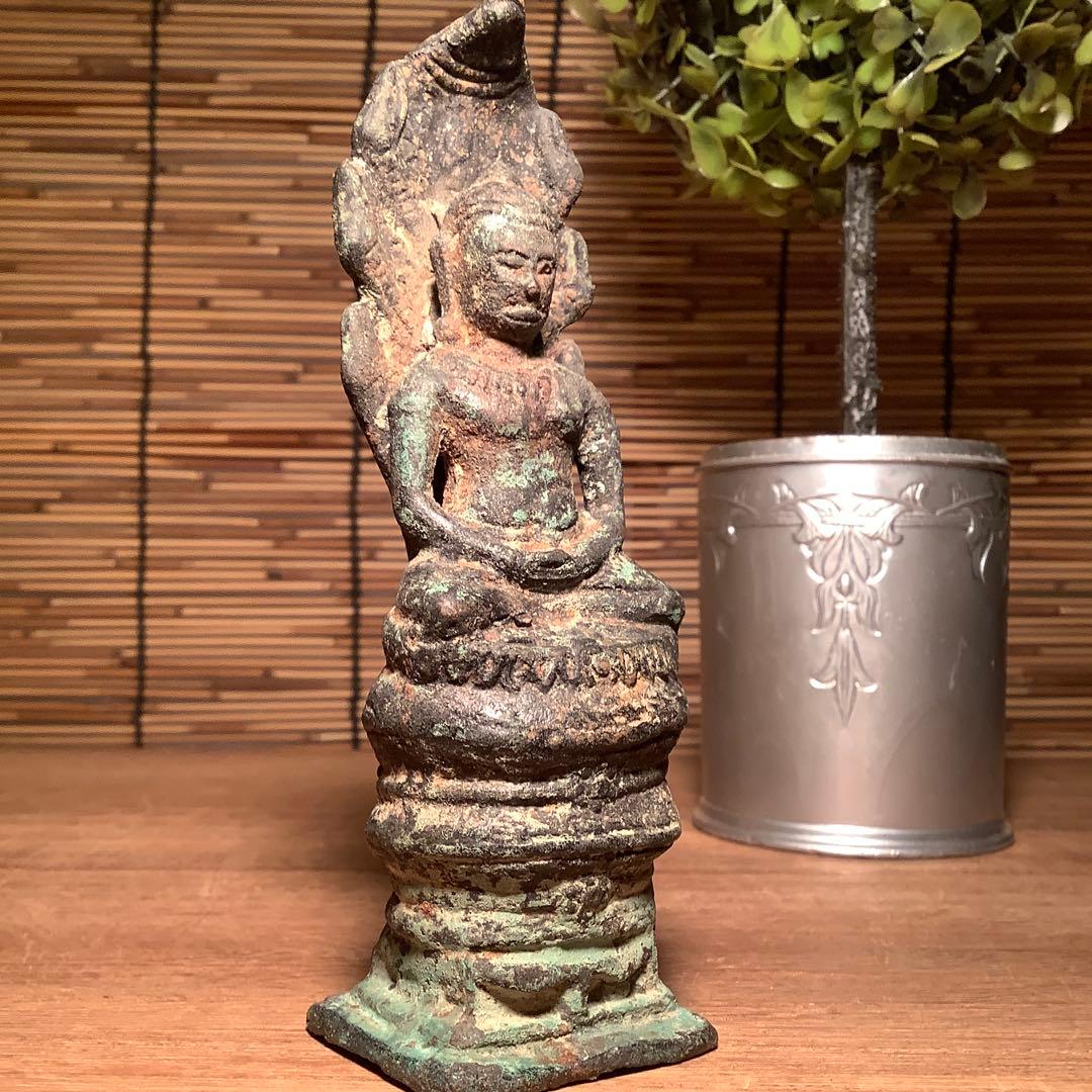 12世紀・スコータイ 「仏陀・蛇神ナーガ」多頭蛇・仏教守護神・￼青銅仏・出土