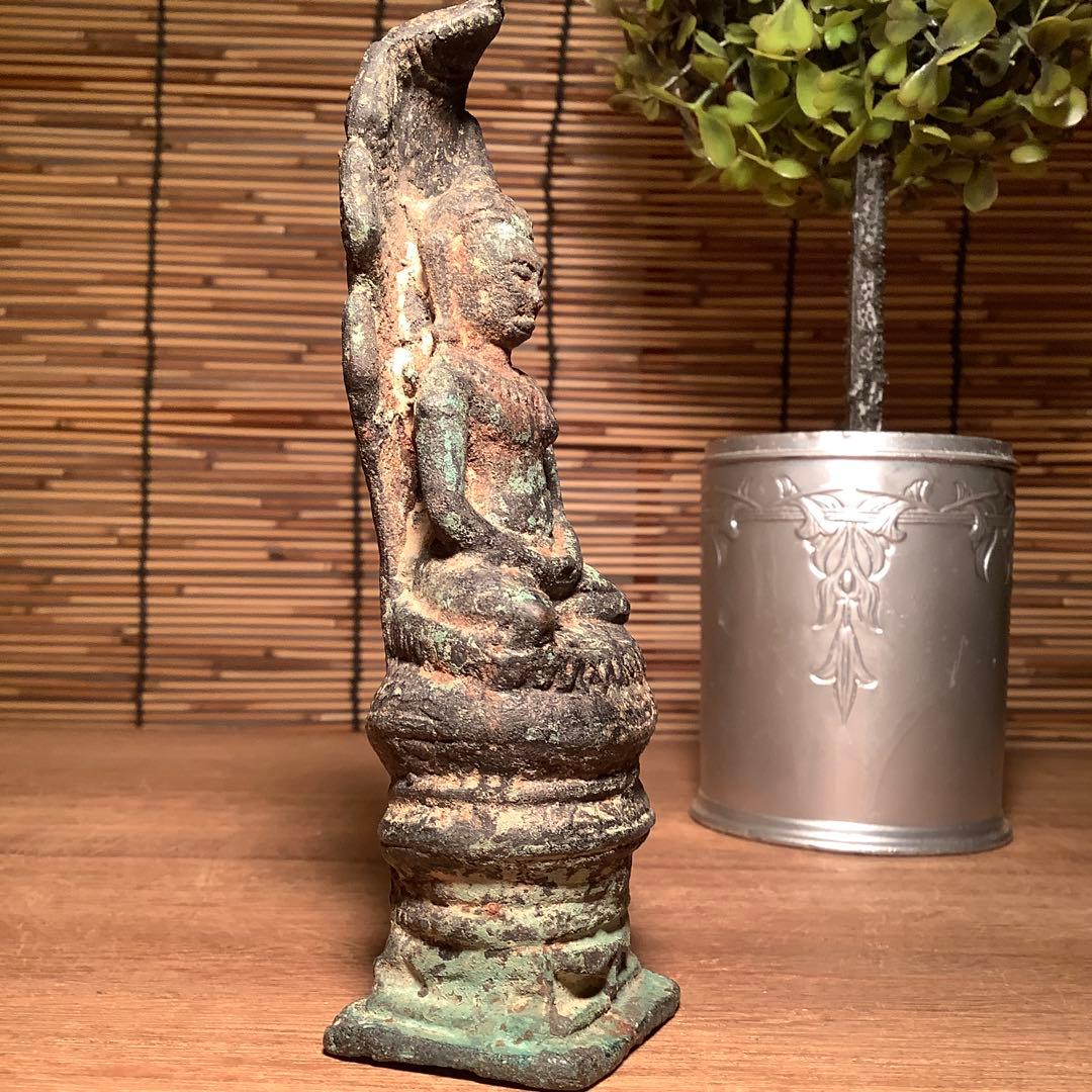 12世紀・スコータイ 「仏陀・蛇神ナーガ」多頭蛇・仏教守護神・￼青銅仏・出土