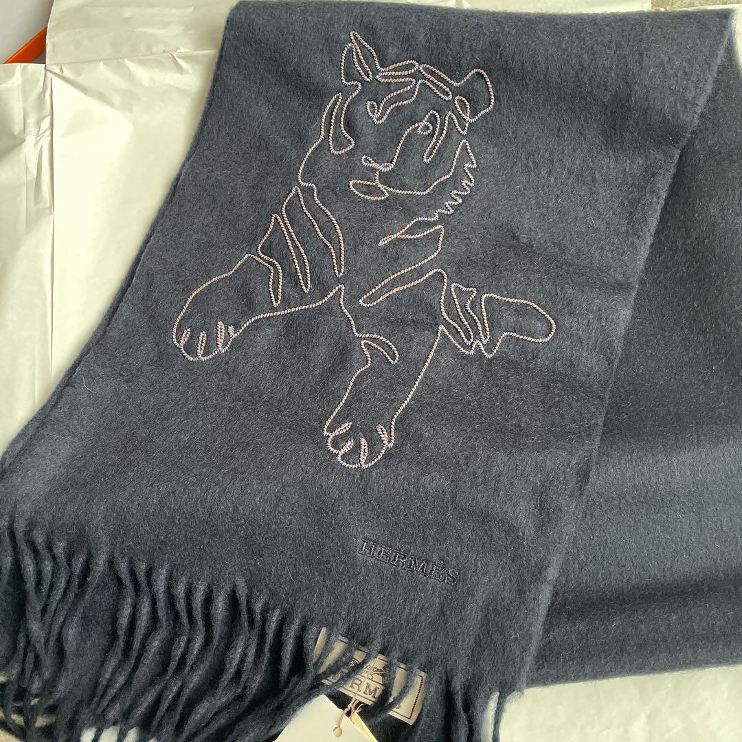 【新品】HERMES エルメス マフラー 王者の虎 カシミヤ100% ネイビー