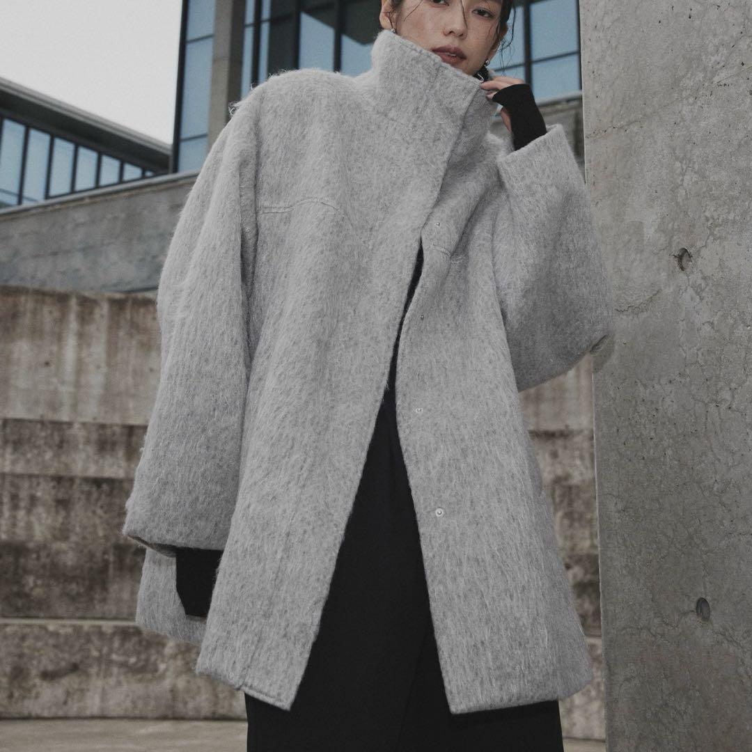 hellam シャギースタンドカラーコート グレー