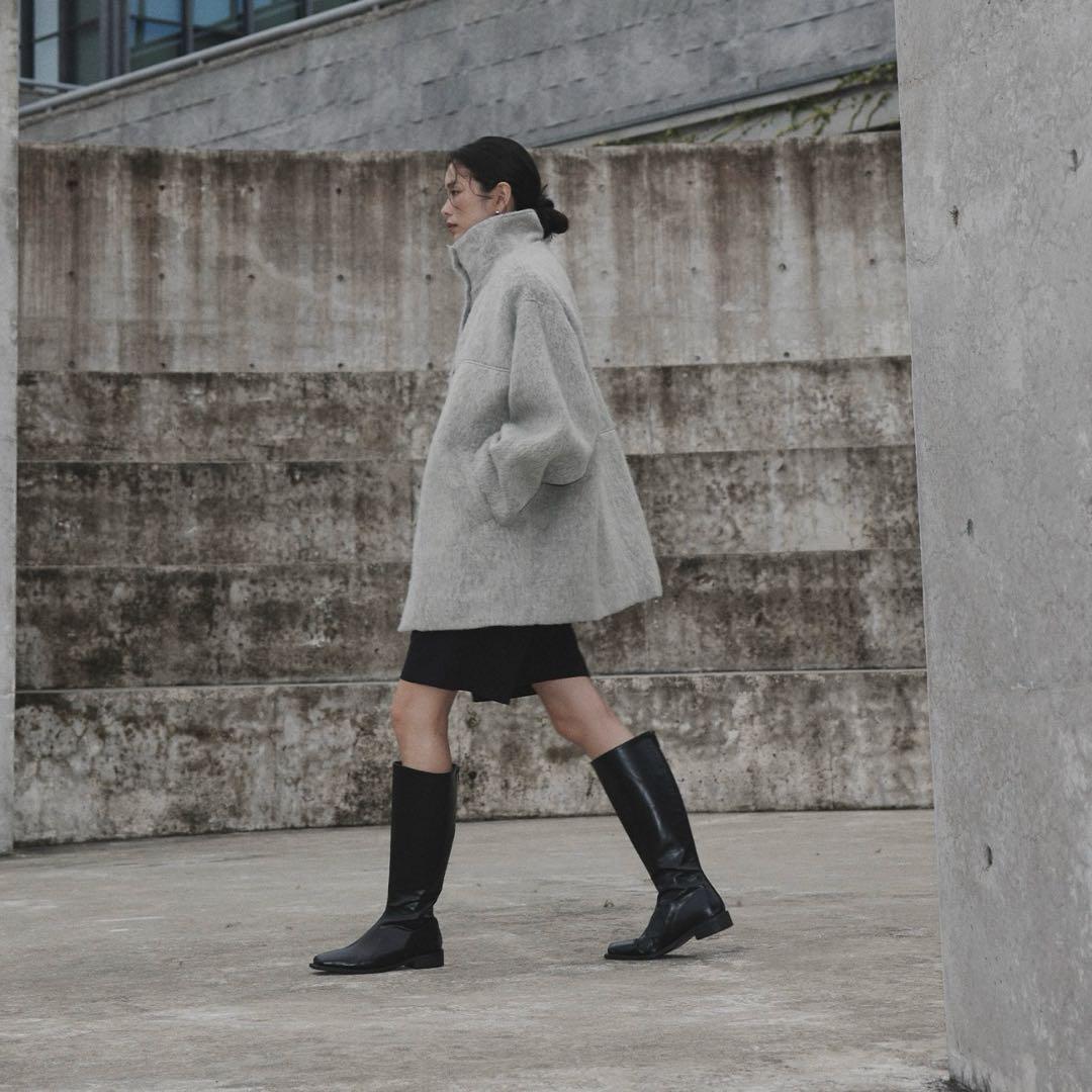 hellam シャギースタンドカラーコート グレー